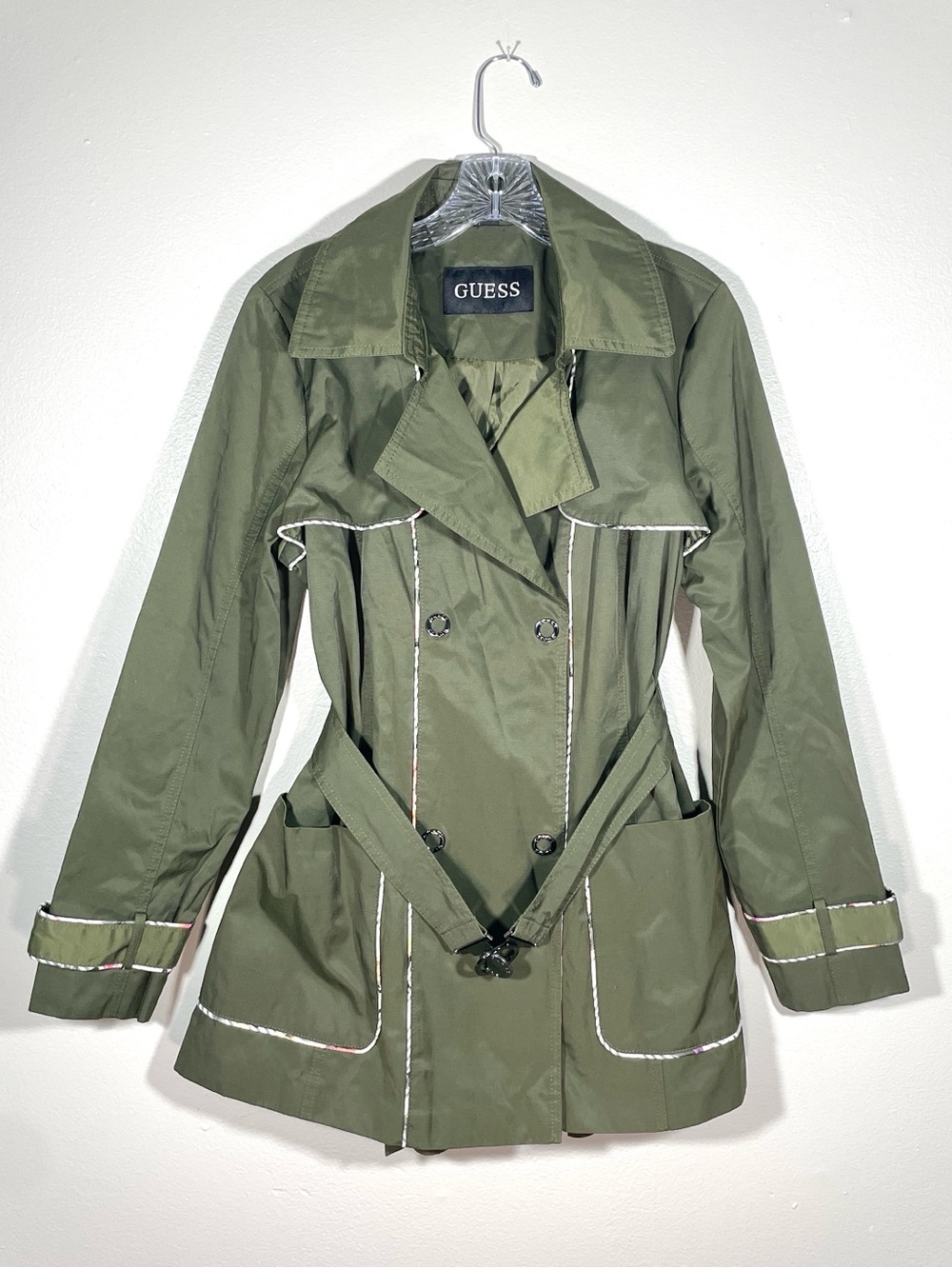 GUESS Olive Green Belted Trench Coat Jacket Plaid Trim